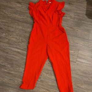 New York & Company Vibrant Red Ruffled Jumpsuit